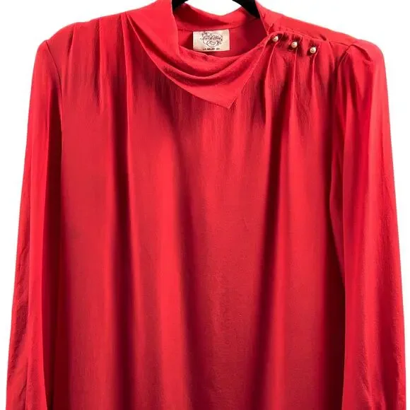 Vintage 80s SILK Elegant Red Cowl Neck Shift Dress Minimalist Old Money 7/8 - Picture 4 of 10